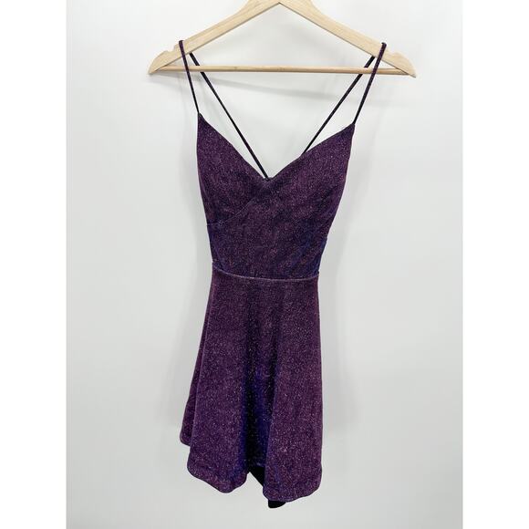 City Studio Purple Metallic Shimmer Tie Back Mini Dress Women's Size 13 - Picture 1 of 9